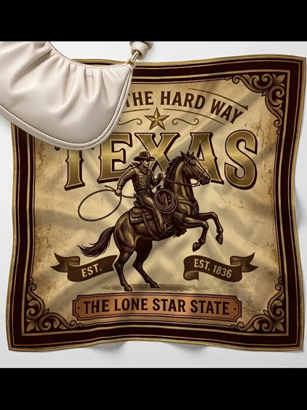 Vintage Texas Lone Star Scarf in Tan and Brown 35”
